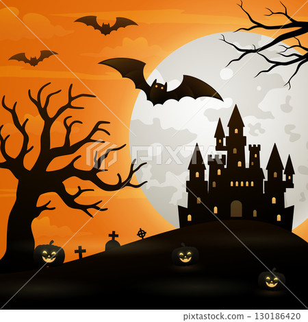 Halloween night background with castle, bats, trees and full moon Halloween night background with castle, bats, trees and full moon 130186420