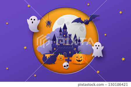 Halloween background with castle, ghost, pumpkin, bat and moon. Paper art style Halloween background with castle, ghost, pumpkin, bat and moon. Paper art style 130186421