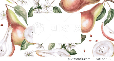 Rectangular frame with juicy parts and seeds of pear. Isolated watercolor illustration of fruits for product line design, kitchenware design, seasonal menu, postcards, textiles, clothing printing. 130186429