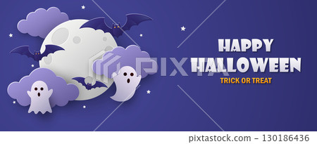 Halloween background with ghost and bats. Paper cut style 130186436