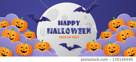 Halloween background with pumpkins, bats and moon. Paper art style Halloween background with pumpkins, bats and moon. Paper art style 130186440
