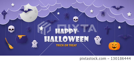Happy Halloween banner design. Paper art style Happy Halloween banner design. Paper art style 130186444