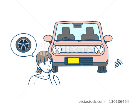 Illustration of a woman in trouble with a flat tire Illustration of a woman in trouble with a flat tire 130186464