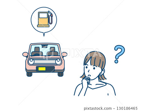 Illustration of a woman thinking about how to fill up her car with gas 130186465