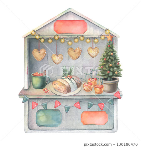 Vintage market stall, Christmas tree, flags, lights, empty signs, festive traditional food and drink. Hand-painted watercolor illustration isolated on white for holiday design, greeting cards, decor 130186470