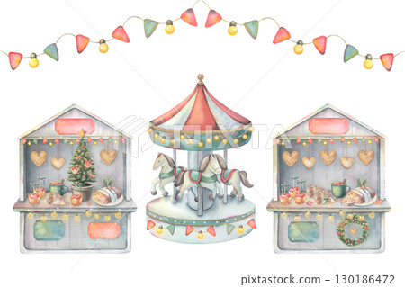 Festive market stalls, merry-go-round carousel, garland with flags and lights. Hand-painted watercolor illustration isolated on white for greeting cards, posters, invitations, postcards 130186472