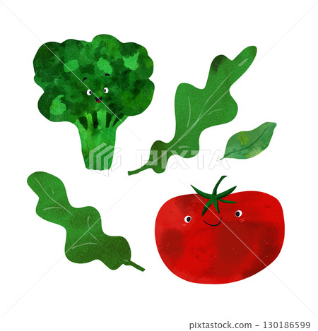 Watercolor illustration set of happy vegetables with cute faces: broccoli, tomato, salad leaves. Perfect for children's books, educational materials, healthy eating posters, or nursery decor 130186599