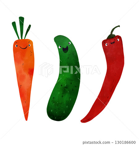 Watercolor illustration set of happy vegetables with cute faces: carrot, cucumber, pepper. Perfect for children's books, educational materials, healthy eating posters, or nursery decor 130186600