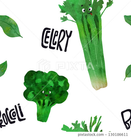 Adorable hand-drawn celery and broccoli seamless pattern with happy faces, perfect kids' books, educational tools, playful kitchen decor. Fun, colorful child-friendly illustration with hand lettering. Adorable hand-drawn celery and broccoli seamless pattern with happy faces, perfect kids' books, educational tools, playful kitchen decor. Fun, colorful child-friendly illustration with hand lettering. 130186611