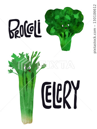 Adorable hand-drawn celery and broccoli with a happy face, perfect for kids' books, educational tools, or playful kitchen decor. Fun, colorful child-friendly illustration with hand lettering Adorable hand-drawn celery and broccoli with a happy face, perfect for kids' books, educational tools, or playful kitchen decor. Fun, colorful child-friendly illustration with hand lettering 130186612