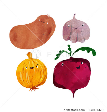 Watercolor illustration set of happy vegetables with cute faces: beet, potato, garlic, onion. Perfect for children's books, educational materials, healthy eating posters, or nursery decor 130186613
