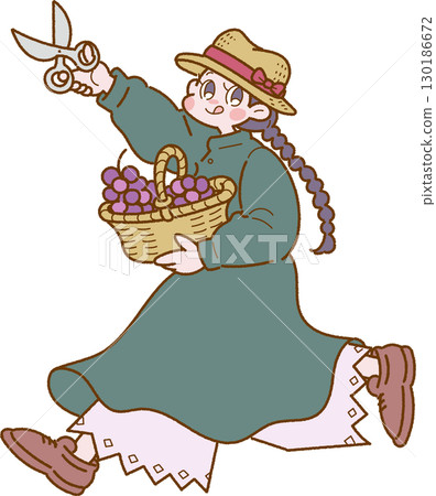 一位女士正在享受採摘葡萄的插圖 130186672