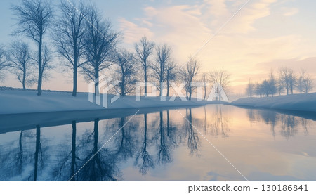 Winter landscape bright sky with river and trees covered by snow 130186841