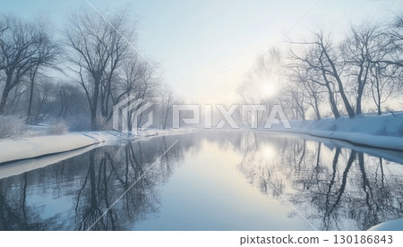 Winter landscape bright sky with river and trees covered by snow 130186843