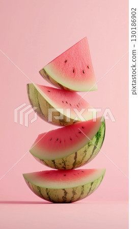 A stack of watermelon fruit balancing on top with solid background 130186902