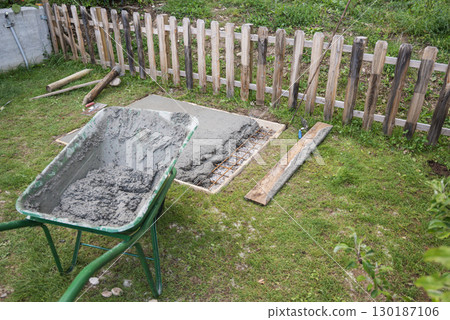 Fresh cement in a hole in backyard Fresh cement in a hole in backyard 130187106