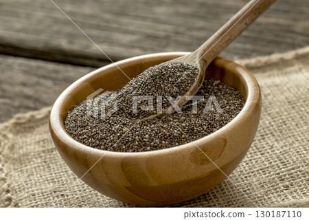 Spoon in round wooden bowl with chia seeds Spoon in round wooden bowl with chia seeds 130187110