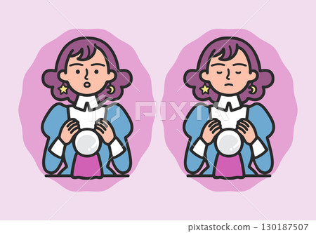 Illustration of a female fortune teller holding her hand over a crystal and talking facing forward. Spiritual, fortune telling, mystical image 130187507