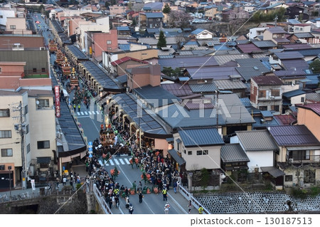 Takayama City, Gifu Prefecture, Japan: Spring Takayama Festival Night Festival: Lantern floats parading after sunset: Aerial view of the street 130187513
