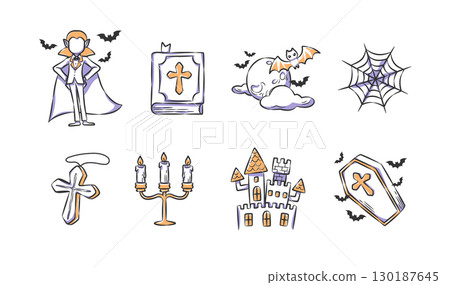 Set of halloween dracula or vampire illustration . Hand drawn icon . Vector . 130187645