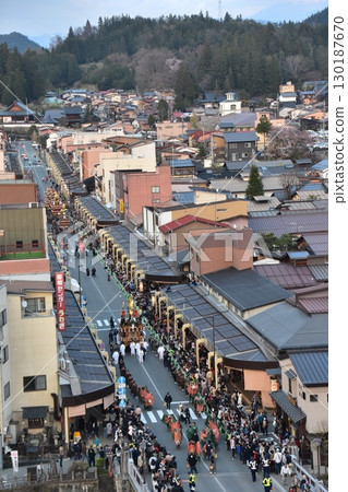 Takayama City, Gifu Prefecture, Japan - Spring Takayama Festival Night Festival - Lantern floats parading after sunset - surrounding streets, shopping streets and crowds Takayama City, Gifu Prefecture, Japan - Spring Takayama Festival Night Festival - Lantern floats parading after sunset - surrounding streets, shopping streets and crowds 130187670