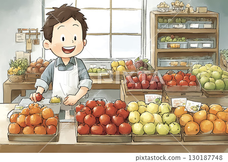 A scene where a fruit shop clerk displays fruits 130187748