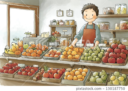 A scene where a fruit shop clerk displays fruits 130187750