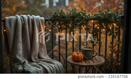 Cozy balcony setup with warm blanket, coffee, and autumn decor during golden hour 130187786