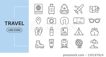 Minimal line icons set for travel including suitcase, passport, airplane and map 130187824