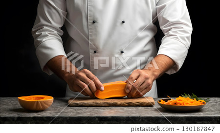 Chef preparing butternut squash in a kitchen with dark background at evening 130187847