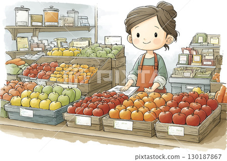 A scene of a female fruit shop clerk displaying fruits 130187867