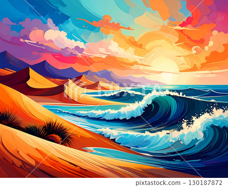 Serene illustration of colorful sunset sky over an ocean coast. Dramatic landscape shows sand dune and big wave washing onto shore 130187872