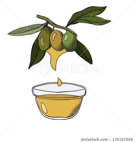 Olive oil dripping into a small bowl. Olive oil bowl composition. Vector graphic line ink colored illustration. Olive oil, bowl, branch, berries, green leaves For logo, web, package, sticker. 130187898