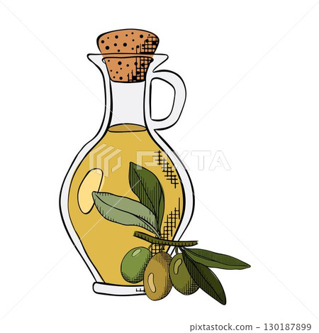 Olive oil bottle composition. Vector graphic line ink colored illustration. Olive oil, bottle, branch, berries, green leaves background for banners, print for fabric, labels, t-shirt printing. 130187899