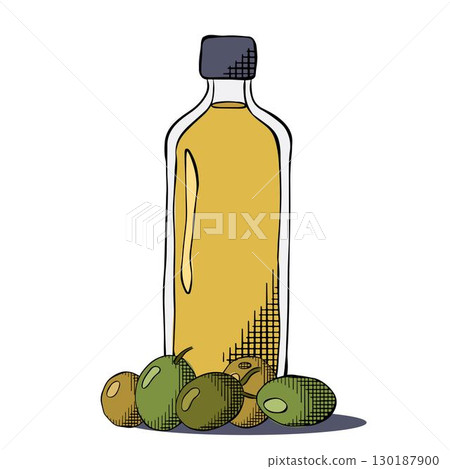 Olive oil bottle composition. Vector graphic line ink colored illustration. Olive oil, bottle, branch, berries, green leaves Extra virgin olive oil. texture for bedsheets, pajamas, wrapping papers. Olive oil bottle composition. Vector graphic line ink colored illustration. Olive oil, bottle, branch, berries, green leaves Extra virgin olive oil. texture for bedsheets, pajamas, wrapping papers. 130187900