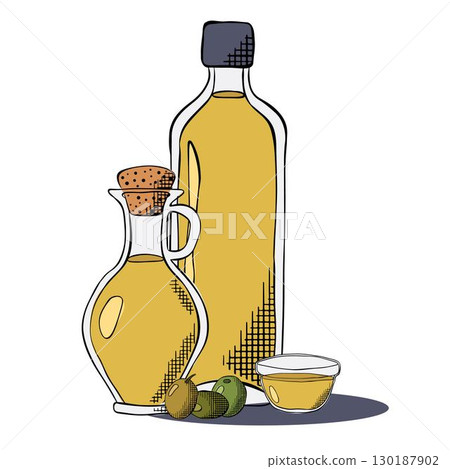 Vector olive oil and olives bottles line art illustration, graphic line ink art. Elegant line botanical illustration. Great for any designs, textile, art, walls, package cosmetic, textile, cards. Vector olive oil and olives bottles line art illustration, graphic line ink art. Elegant line botanical illustration. Great for any designs, textile, art, walls, package cosmetic, textile, cards. 130187902