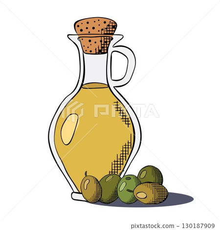 Bottle of olive oil with an olive sprig. Olive oil bottle composition. Vector graphic line ink colored illustration. Olive oil, bottle, branch, berries, green leaves Greek art botanical sign. 130187909
