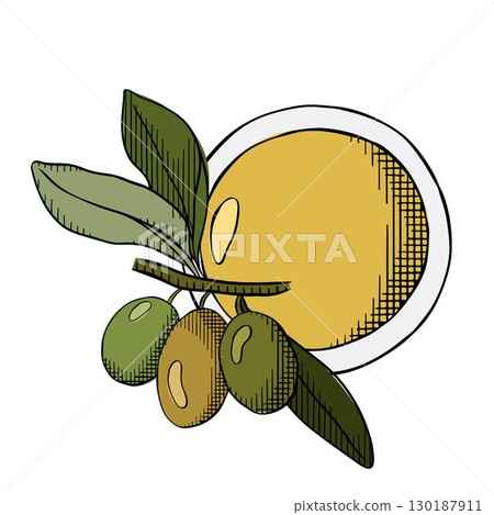 Oil in bowl hand drawn isolated. Olive oil bowl composition. Vector graphic line ink colored illustration. Olive oil, bowl, branch, berries, green leaves extra virgin vegetable salad dressing. 130187911