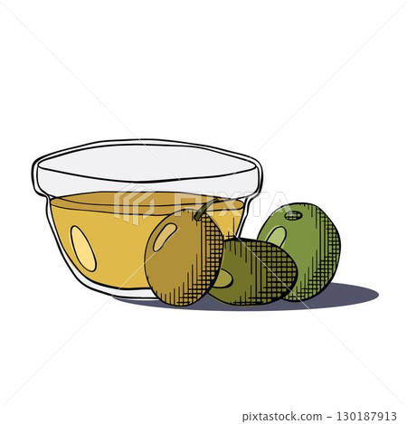Virgin Olive Oil in Transparent Glass Bowl Olive oil bowl composition. Vector graphic line ink colored illustration. Olive oil, bowl, berries for logo, web, package, sticker. Virgin Olive Oil in Transparent Glass Bowl Olive oil bowl composition. Vector graphic line ink colored illustration. Olive oil, bowl, berries for logo, web, package, sticker. 130187913