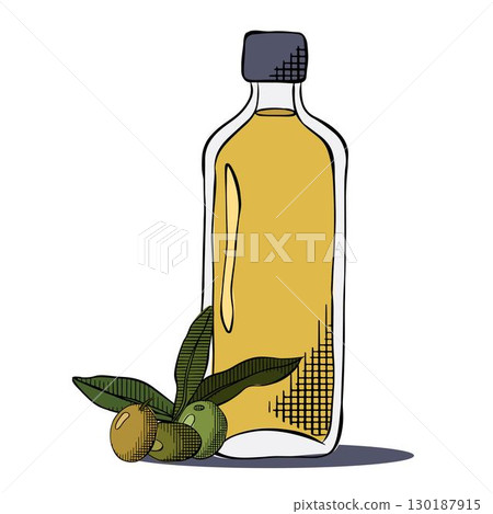 Olive oil in bottle and branch with fruit and green leaves Olive oil bottle composition. Vector graphic line ink colored illustration. Olive oil, bottle, branch, berries, green leaves 130187915