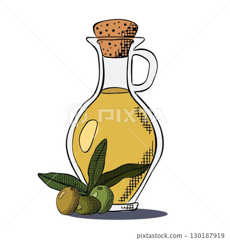 bottle of olive oil and a branch with olives Olive oil bottle composition. Vector graphic line ink colored illustration. Olive oil, bottle, branch, berries, green leaves labels, t-shirt printing. 130187919