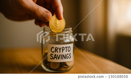 Hand placing Ethereum coin into jar labeled crypto savings on wooden table; Ethereum symbolizes financial planning, highlighting cryptocurrency saving and future investment. 130188038