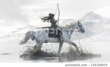 A sumi-e painting of a samurai on horseback holding a bow 130188054