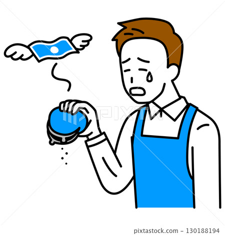 A man in an apron lamenting his lack of money 130188194