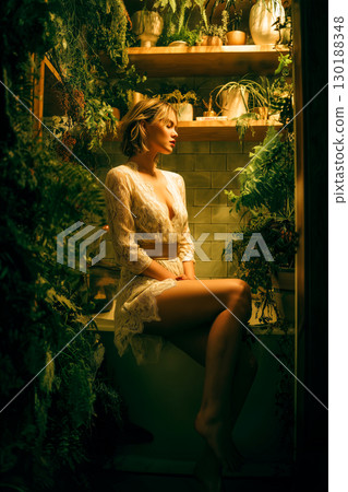 A woman is sitting in a bathtub surrounded by plants A woman is sitting in a bathtub surrounded by plants 130188348