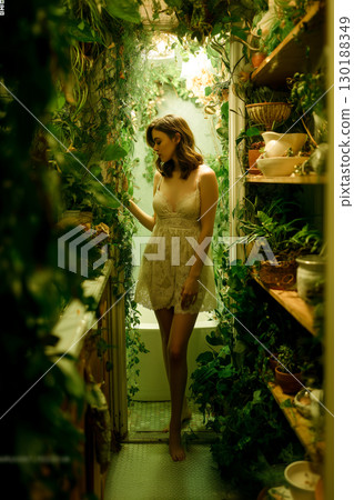 A woman in a white dress stands in a bathroom with plants surrounding her 130188349