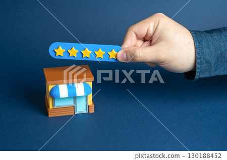 Leave a 5 star review for the store, customer satisfaction, feedback system, online ratings, quality service recognition, digital reputation, consumer trust 130188452