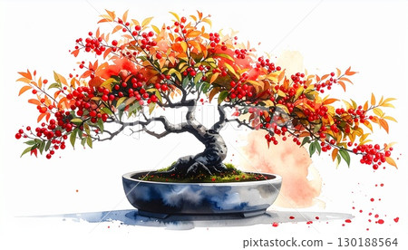 南天竹盆景及水墨彩畫 130188564