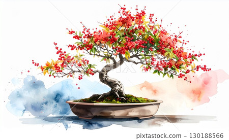 南天竹盆景及水墨彩畫 南天竹盆景及水墨彩畫 130188566