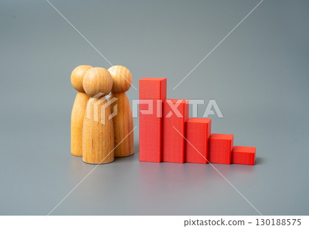 People and the falling red graph. Population decline, economic downturn, falling income, low ratings, poor approval, crisis illustration, business losses, social risk 130188575